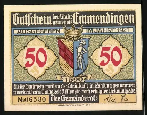 Notgeld Emmendingen 1921, 50 Pfennig, Marktplatz mit altem Brunnen, Wappen