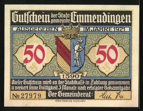 Notgeld Emmendingen 1921, 50 Pfennig, Ortsansicht, Wappen