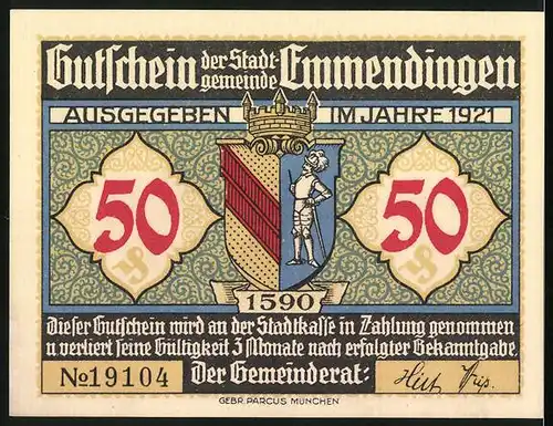 Notgeld Emmendingen 1921, 50 Pfennig, Landsitz von Geheimrat Enderlin, Wappen