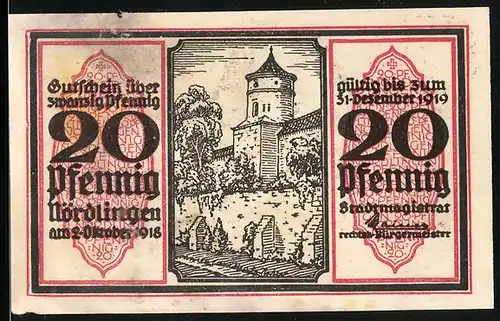 Notgeld Nördlingen 1919, 20 Pfennig, Burg, Wappen