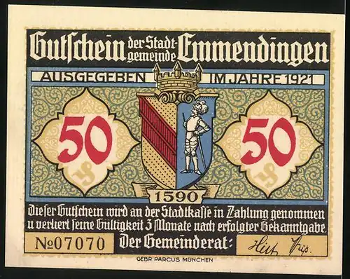Notgeld Emmendingen 1921, 50 Pfennig, Gasthaus zum Löwen, Wappen