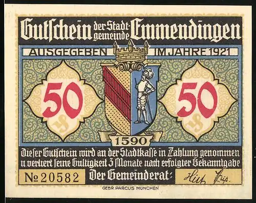 Notgeld Emmendingen 1921, 50 Pfennig, Stadtmauer u. Steg, Wappen