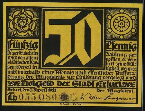 Notgeld Erfurt 1921, 50 Pfennig, Luther, Wappen