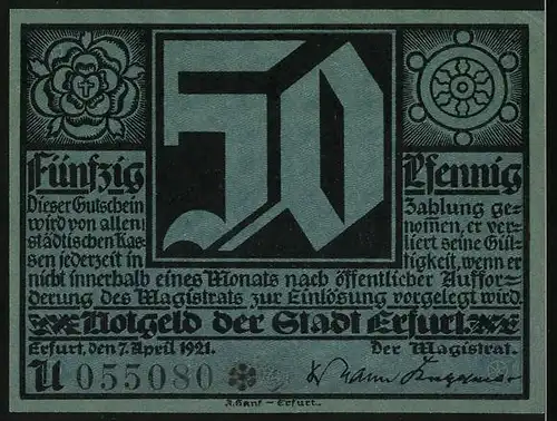 Notgeld Erfurt 1921, 50 Pfennig, Martin Luther, Wappen