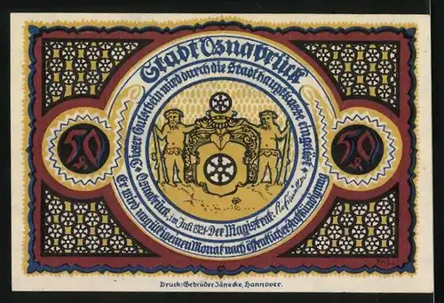 Notgeld Osnabrück 1921, 50 Pfennig, Bocksturm, Wappen