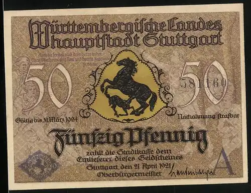 Notgeld Stuttgart 1921, 50 Pfennig, Altes Schloss und Stiftskirche, Wappen