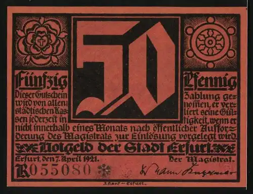 Notgeld Erfurt 1921, 50 Pfennig, Martin Luther, Wappen