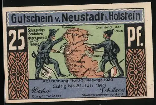 Notgeld Neustadt i. Holstein 1921, 25 Pfennig, Abtrennung Nord-Schleswigs 1920, Jungfernstieg