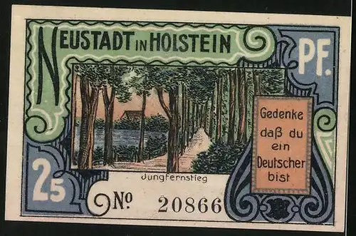 Notgeld Neustadt i. Holstein 1921, 25 Pfennig, Abtrennung Nord-Schleswigs 1920, Jungfernstieg