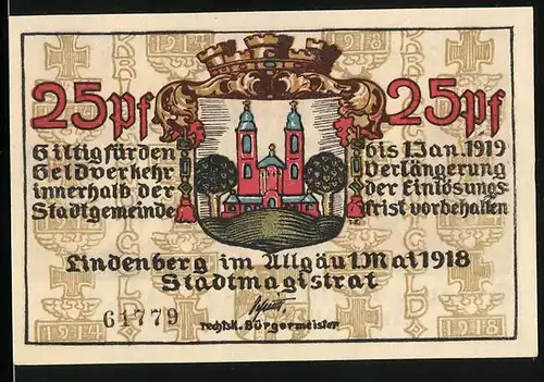 Notgeld Lindenberg i. Allgäu 1918, 25 Pfennig, Wappen, Soldat