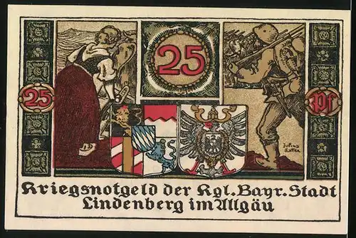 Notgeld Lindenberg i. Allgäu 1918, 25 Pfennig, Wappen, Soldat