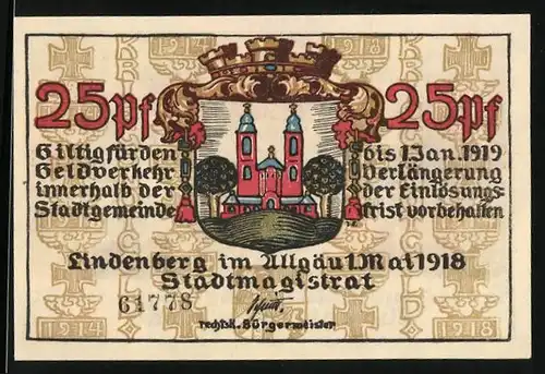 Notgeld Lindenberg i. Allgäu 1918, 25 Pfennig, Wappen, Soldat