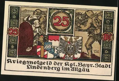 Notgeld Lindenberg i. Allgäu 1918, 25 Pfennig, Wappen, Soldat