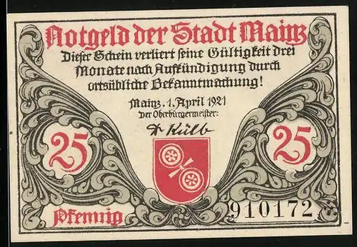 Notgeld Mainz 1921, 25 Pfennig, Römischer Legionärshelm, Wappen