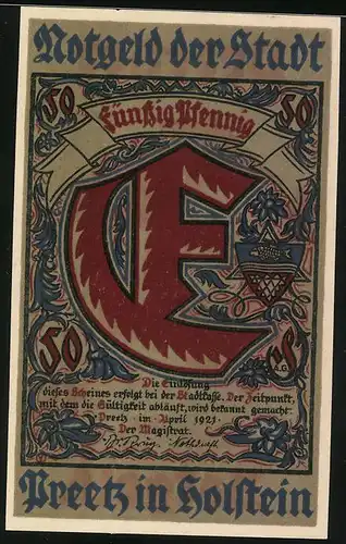 Notgeld Preetz i. Holstein 1921, 50 Pfennig, Ortspartie, Wappen