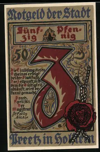 Notgeld Preetz i. Holstein, 50 Pfennig, Ortsansicht, Wappen