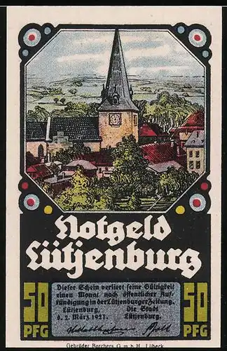 Notgeld Lütjenburg 1921, 50 Pfennig, Ortsansicht mit Kirche