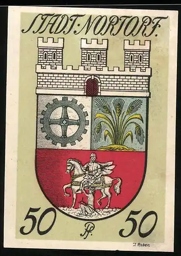 Notgeld Nortorf 1920, 50 Pfennig, Ortsansicht, Wappen