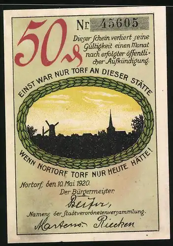 Notgeld Nortorf 1920, 50 Pfennig, Ortsansicht, Wappen