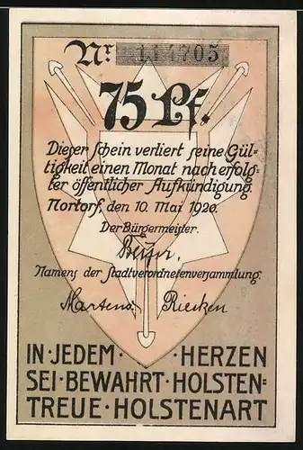 Notgeld Nortorf 1920, 75 Pfennig, Kirche, Wappen