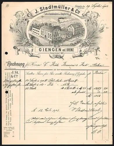 Rechnung Giengen 1903, J. Stadtmüller & Cie., Lohn & Handelsmälzerei mit Dampfbetrieb, Blick auf die Fabrik