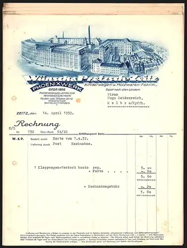 Rechnung Zeitz 1932, Wünsch & Pretzsch, Phoenixwerk, Kinderwagen- und Holzwaren-Fabrik, Werkansicht