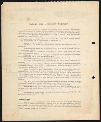Rechnung Zwickau i. Sa. 1932, Lieder & Fischer, Weberei für Gardinen und Dekorationsstoffe, Modell des Fabrikgebäudes