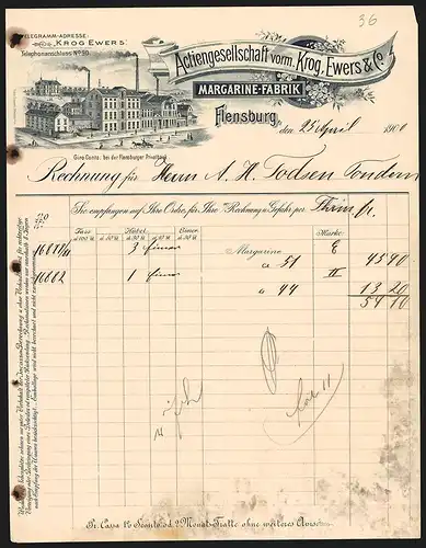 Rechnung Flensburg 1900, Actiengesellschaft vorm. Krog, Ewers & Co., Margarine-Fabrik, Strassenszene vor der Fabrik
