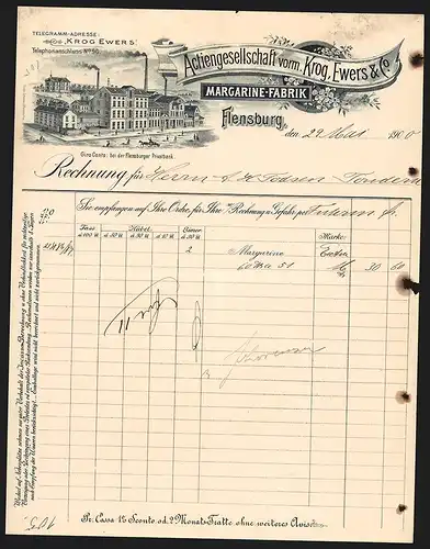 Rechnung Flensburg 1900, Actiengesellschaft vorm. Krog, Ewers & Co., Margarine-Fabrik, Strassenszene vor Fabrikgebäude
