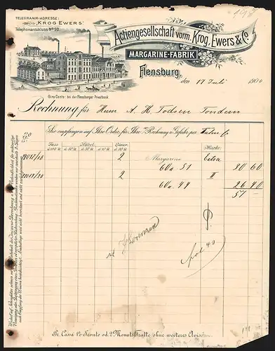 Rechnung Flensburg 1900, Actiengesellschaft vorm. Krog, Ewers & Co., Margarine-Fabrik, Blick aufs Fabrikgebäude