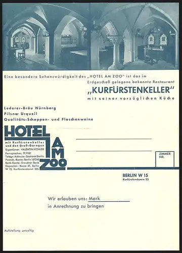 Rechnung Berlin 1932, Hotel am Zoo, Inh. Valentin Köhler, Kurfürstendamm 25, Innenansicht des Kurfürstenkellers