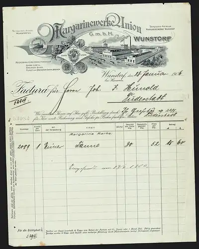 Rechnung Wunstorf 1906, Margarinewerke Union GmbH, Ansicht des Fabrikgeländes und Auszeichnungen