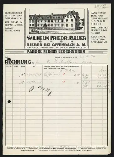Rechnung Bieber b. Offenbach 1934, Wilhelm Friedr. Bauer GmbH, Fabrik feiner Lederwaren, Automobil vor der Fabrik