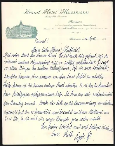 Rechnung Hannover 1914, Grand Hotel Mussmann, Blick auf das Hotelgebäude