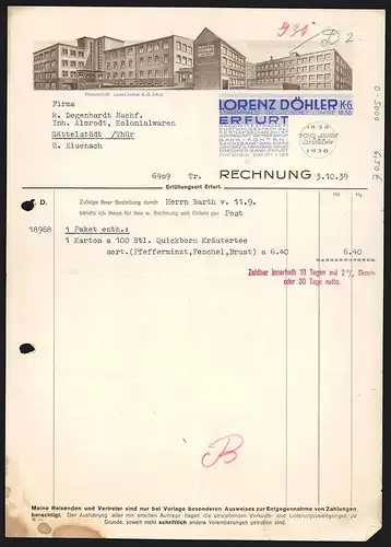 Rechnung Erfurt 1939, Firma Lorenz Döhler KG, Totalansicht des Fabrikgebäudes