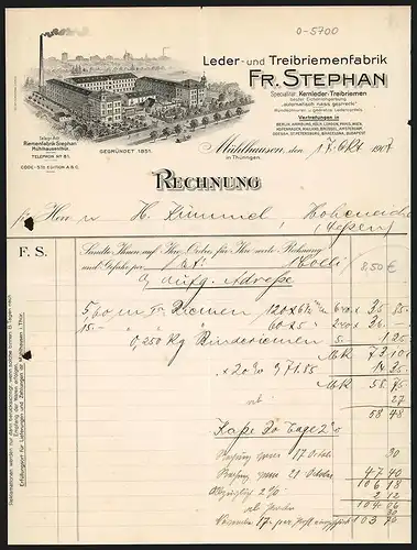 Rechnung Mühlhausen 1907, Fr. Stephan, Leder- und Treibriemenfabrik, Blick auf das Fabrikgelände