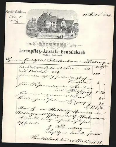 Rechnung Beutelsbach 1876, Irrenpfleg-Anstalt, Gebäude und Grundstück der Anstalt