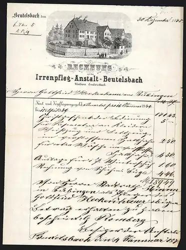 Rechnung Beutelsbach 1875, Irrenpfleg-Anstalt, Gebäude und Grundstück der Anstalt