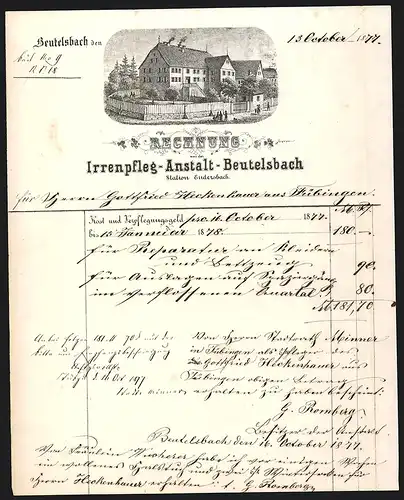 Rechnung Beutelsbach 1877, Irrenpfleg-Anstalt, Gebäude und Grundstück der Anstalt