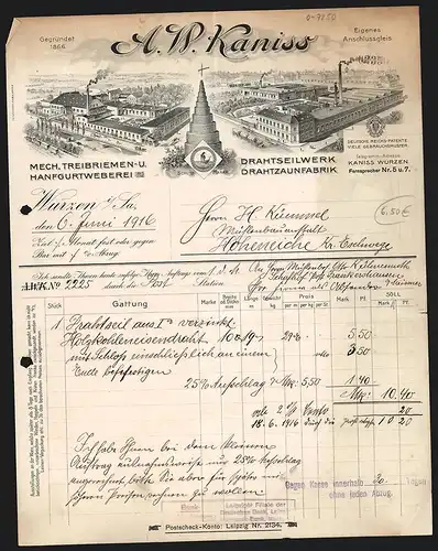 Rechnung Wurzen i. Sa. 1916, A. W. Kaniss, Mech. Gurt- Riemen- und Drahtwaren-Fabrik, Werkansichten und Logo