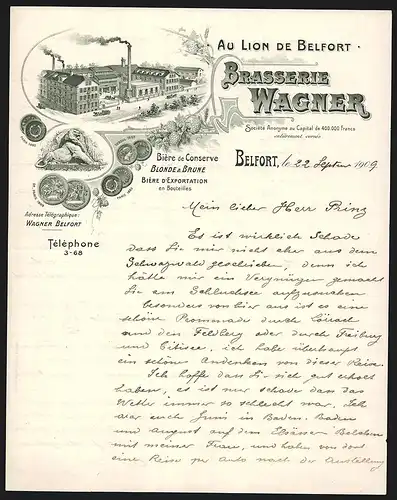 Rechnung Belfort 1909, Brasserie Wagner, Au Lion de Belfort, Fabrikansicht und Auszeichnungen