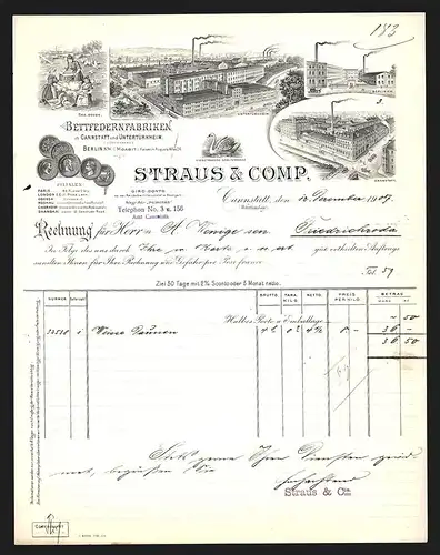 Rechnung Cannstatt 1907, Straus & Comp., Bettfedernfabriken, Dreierlei Werksansichten, Auszeichnungen