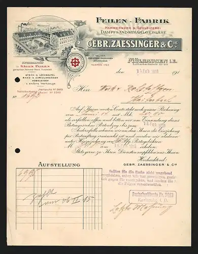 Rechnung Mülhausen i. E. 1915, Gebr. Zaessinger & Cie., Feilen-Fabrik, Hammerwerk & Schleiferei, Werksansicht, Logo