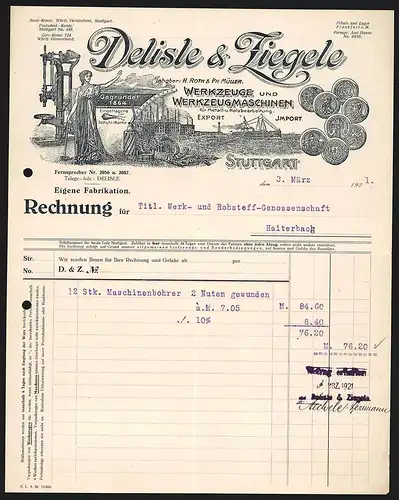 Rechnung Stuttgart 1921, Delisle & Ziegele, Werkzeuge und Werkzeugmaschinen, Produktansicht, Transportschiff, Medaillen