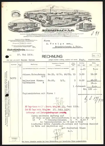 Rechnung Untertürkheim 1934, Straus & Cie. AG, Bettfedern-Fabriken, Ansichten des Hauptwerks und der Zweigstellen