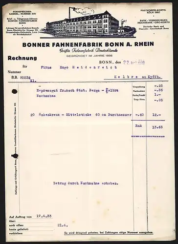 Rechnung Bonn 1933, Bonner Fahnenfabrik Bonn a. Rhein, Blick auf ein Fabrikgebäude