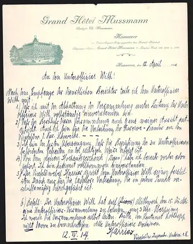 Rechnung Hannover 1914, Grand Hotel Mussmann, Inh. W. Mussmann, Blick auf das Hotelgebäude