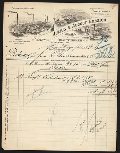 Rechnung Barmen-Wupperfeld 1896, Julius & August Erbslöh, Walzwerke und Drahtziehereien, Werksansichten und Logo
