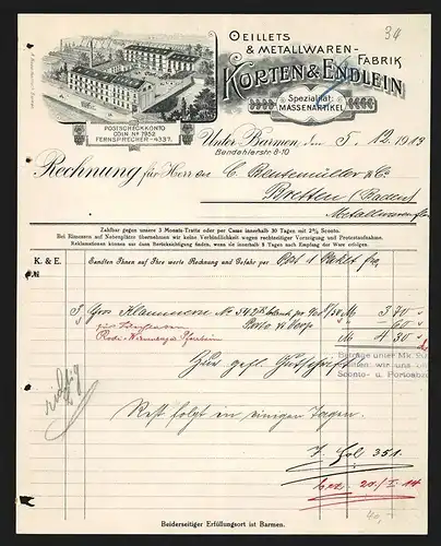 Rechnung Unter-Barmen 1913, Korten & Endlein, Oillets & Metallwaren-Fabrik, Fabrikgelände aus der Vogelschau