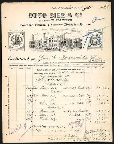 Rechnung Berlin-Reinickendorf 1902, Otto Bier & Co., Porzellan-Fabrik, Fabrikgelände und Auszeichnung